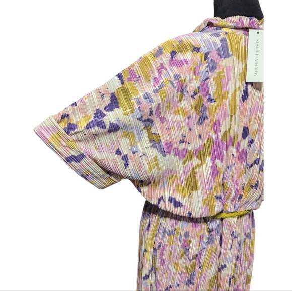 Madison+ Hudson Pink/Gold/Purple Floral Midi Faux Wrap Dress with Dolman Sleeves - Picture 8 of 12